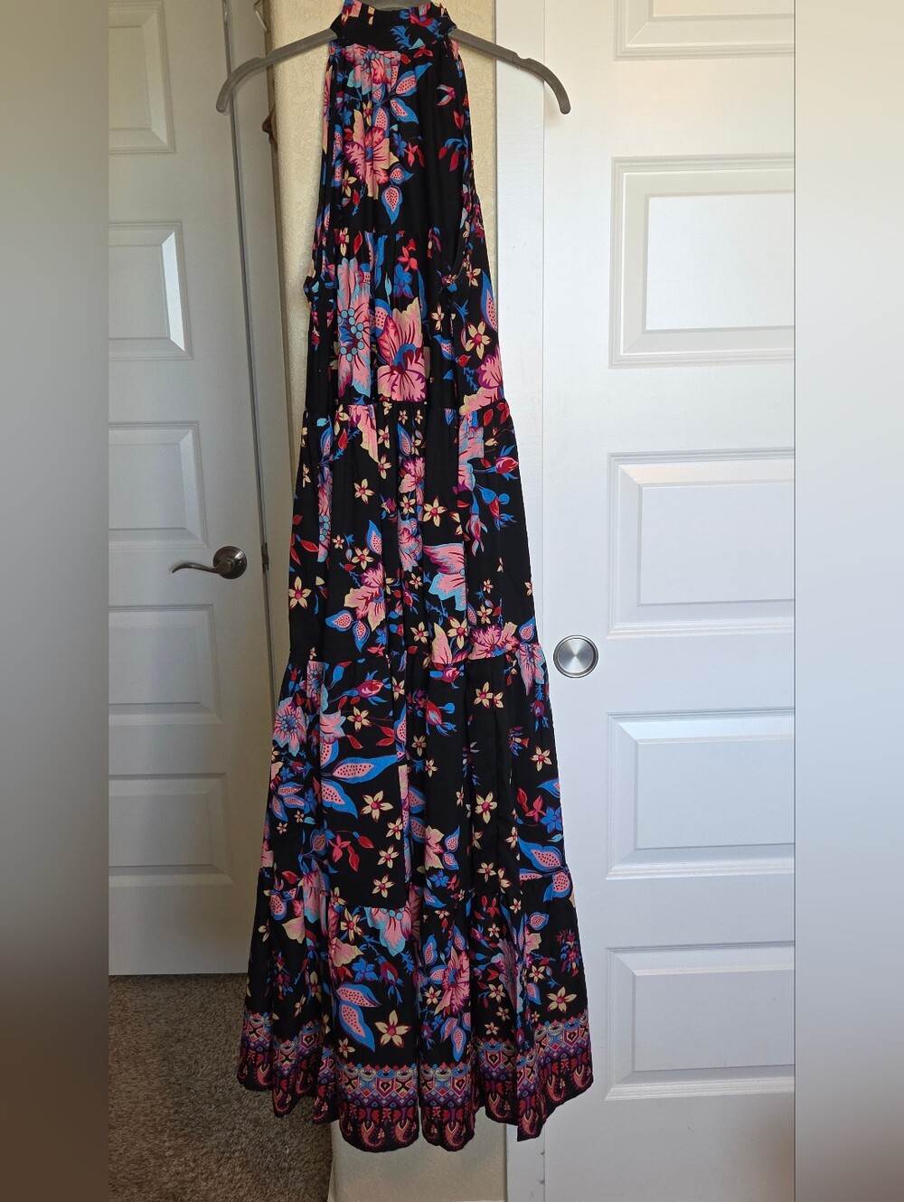 Black Floral Halter Maxi Dress with Pink & Blue Print